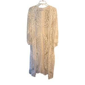 Poof New York Kimono White Lace Floral Sheer Mesh Open Front Cardigan Boho 1X